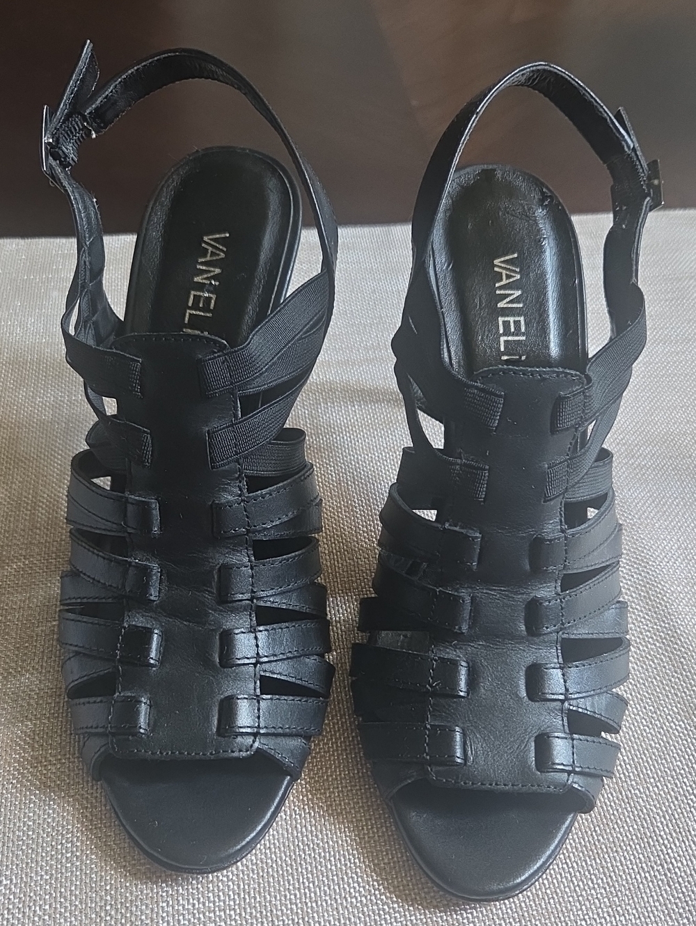 Nice Black Leather Strappy Heels By Van Eli. Very Good Condition. 7.5 Narrow